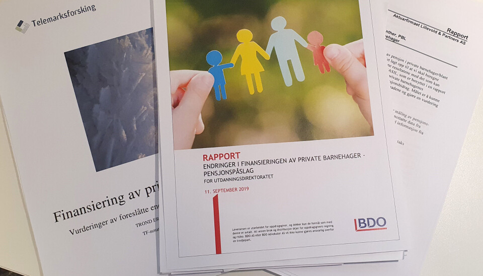 Telemarksforskning, BDO og Aktuarfirmaet Lillevold & Partners er bare noen av dem som har levert rapporter som har sett på pensjonspåslaget til private barnehager.