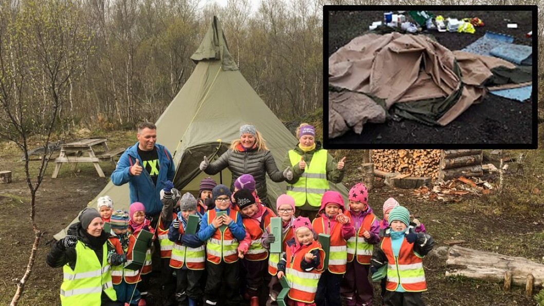 Lavvo-campen til Engmark barnehage var fullstendig ødelagt etter hærverket tirsdag (lille bildet). Da var det desto mer gledelig at sportsbutikken XXL onsdag dukket opp med en flunke ny lavvo til barna. Lavvo-campen til Engmark barnehage var fullstendig ødelagt etter hærverket tirsdag (lille bildet). Da var det desto mer gledelig at sportsbutikken XXL onsdag dukket opp med en flunke ny lavvo til barna.