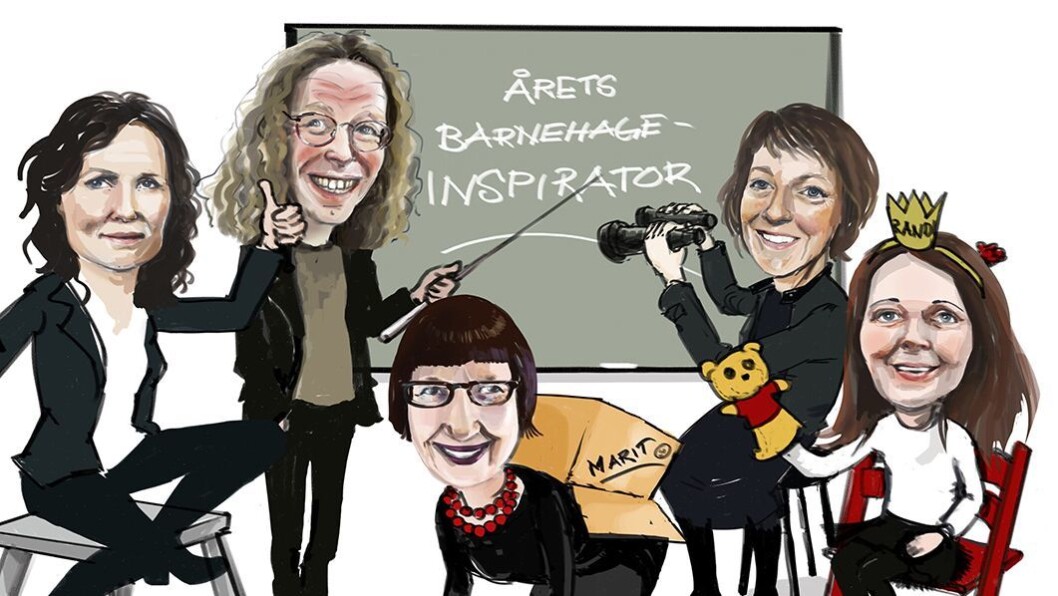 Her er kandidatene til Årets barnehageinspirator: Fra venstre: Margareth Eilifsen, Geir Winje, Marit Granholt, Lise Einarsen Haukås og Randi Nordlie Her er kandidatene til Årets barnehageinspirator: Fra venstre: Margareth Eilifsen, Geir Winje, Marit Granholt, Lise Einarsen Haukås og Randi Nordlie