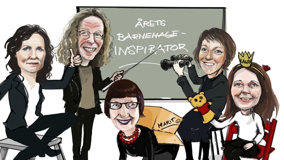 Her er kandidatene til Årets barnehageinspirator: Fra venstre: Margareth Eilifsen, Geir Winje, Marit Granholt, Lise Einarsen Haukås og Randi Nordlie