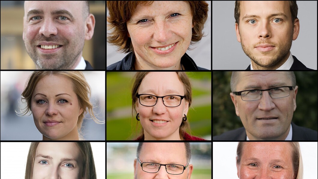 Øverst fra venstre: Arild Grande (Ap), Kjersti Toppe (Sp), Audun Lysbakken (SV). Midten fra venstre: Eivor Evenrud (Rødt), Mona Nicolaysen (MDG), Geir Jørgen Bekkevold (KrF). Nederst fra venstre: Iselin Nybø (Venstre), Svein Harberg (Høyre), Lill Harriet Sandaune (Frp). Øverst fra venstre: Arild Grande (Ap), Kjersti Toppe (Sp), Audun Lysbakken (SV). Midten fra venstre: Eivor Evenrud (Rødt), Mona Nicolaysen (MDG), Geir Jørgen Bekkevold (KrF). Nederst fra venstre: Iselin Nybø (Venstre), Svein Harberg (Høyre), Lill Harriet Sandaune (Frp).