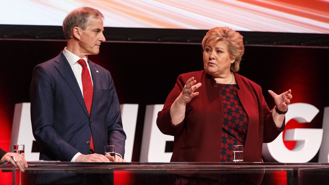 Statsministerkandidatene Jonas Gahr Støre (Ap) og Erna Solberg (H). Bildet er tatt ved en tidligere anledning. Statsministerkandidatene Jonas Gahr Støre (Ap) og Erna Solberg (H). Bildet er tatt ved en tidligere anledning.