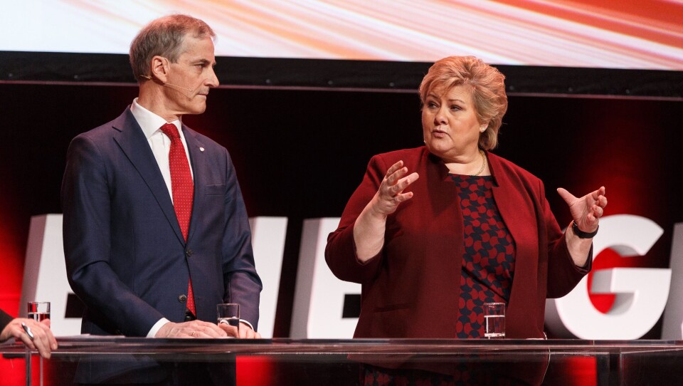 Statsministerkandidatene Jonas Gahr Støre (Ap) og Erna Solberg (H). Bildet er tatt ved en tidligere anledning.