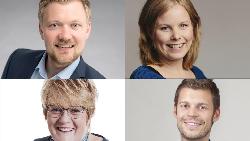 Nyvalgt leder i SV, Kjersti Bergstø (øverst til høyre), møtte Rødt-leder Bjørnar Moxness (nederst til høyre), Venstre-leder Trine Skei Grande (nederst til venstre) og Norlandias konsernsjef Yngvar Tov Herbjørnssønn (øverst til venstre) i Dagsnytt Atten på NRK P2 mandag. Nyvalgt leder i SV, Kjersti Bergstø (øverst til høyre), møtte Rødt-leder Bjørnar Moxness (nederst til høyre), Venstre-leder Trine Skei Grande (nederst til venstre) og Norlandias konsernsjef Yngvar Tov Herbjørnssønn (øverst til venstre) i Dagsnytt Atten på NRK P2 mandag.