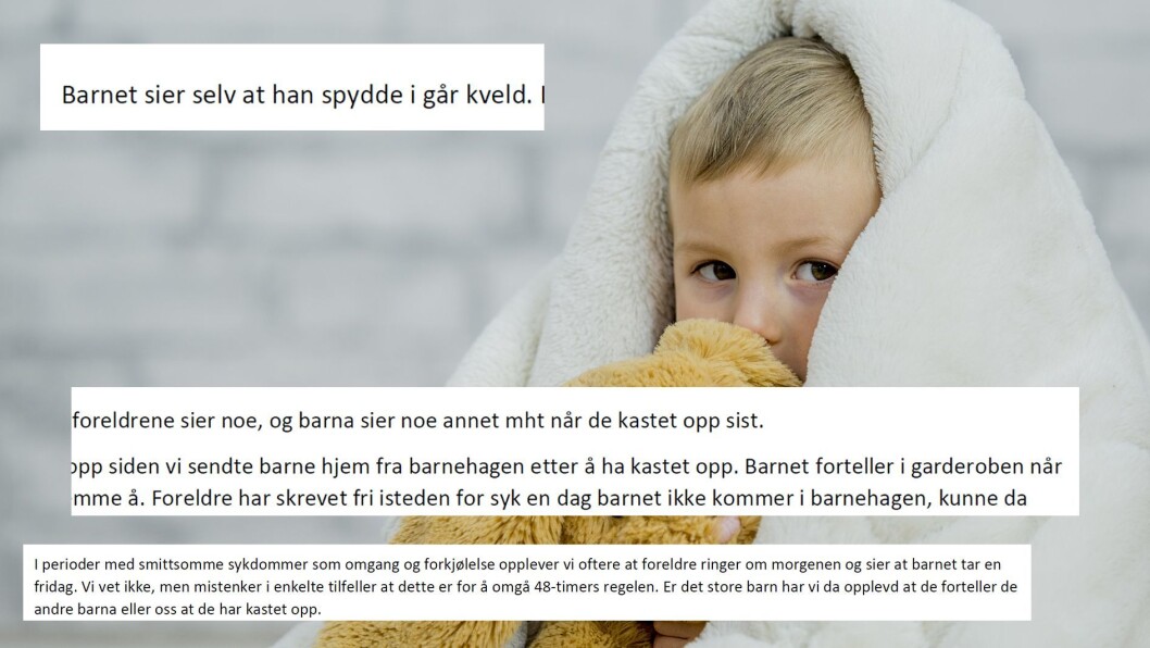 Mange barnehager får problemer med å bli kvitt omgangssyken. En av grunnene kan være dersom foreldre forsøker å omgå 48-timersregelen. Foto: Getty Images/barnehage.no Mange barnehager får problemer med å bli kvitt omgangssyken. En av grunnene kan være dersom foreldre forsøker å omgå 48-timersregelen. Foto: Getty Images/barnehage.no