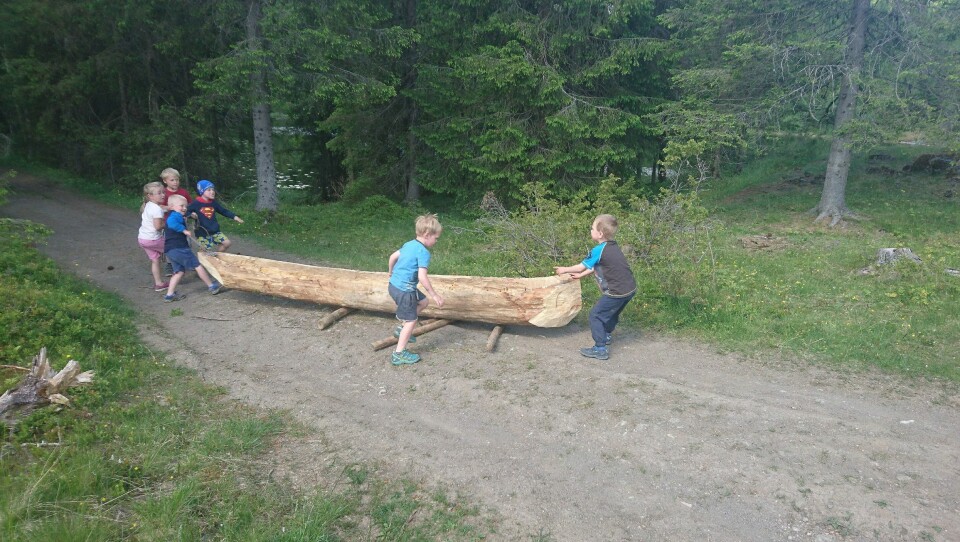 Barna trekker kanoen ned til tjernet.