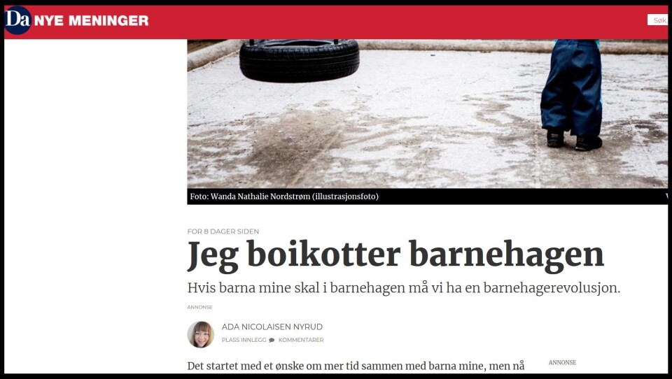 I debattinnlegget i Dagsavisen gjør Nyrud det klart at hun ikke har tillit til norske barnehager med dagens bemanningssituasjon. Faksimile: dagsavisen.no