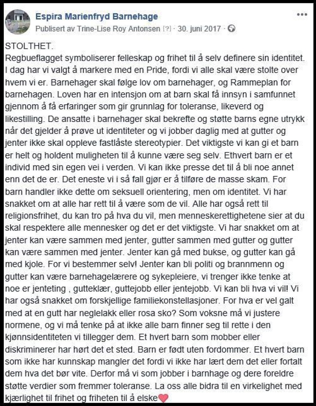 I fjor la barnehagen denne meldingen ut på Facebook. Her tydeliggjorde de hva de mente med engasjementet sitt. I fjor la barnehagen denne meldingen ut på Facebook. Her tydeliggjorde de hva de mente med engasjementet sitt.