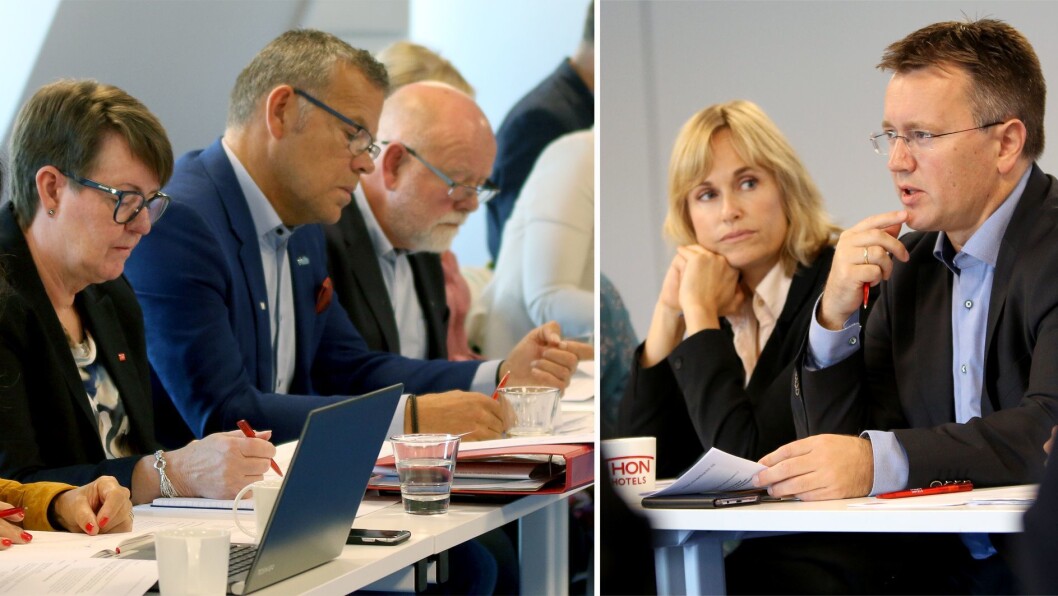 NÅ tar de pause: Fra venstre Anne Green Nilsen fra Fagforbundet, Trond Ellefsen fra Delta og Terje Skyvuldstad fra Utdanningsforbundet i forhandlinger med administrerende direktør Anne Lindboe og forhandlingsleder Espen Rokkan fra PBL. NÅ tar de pause: Fra venstre Anne Green Nilsen fra Fagforbundet, Trond Ellefsen fra Delta og Terje Skyvuldstad fra Utdanningsforbundet i forhandlinger med administrerende direktør Anne Lindboe og forhandlingsleder Espen Rokkan fra PBL.