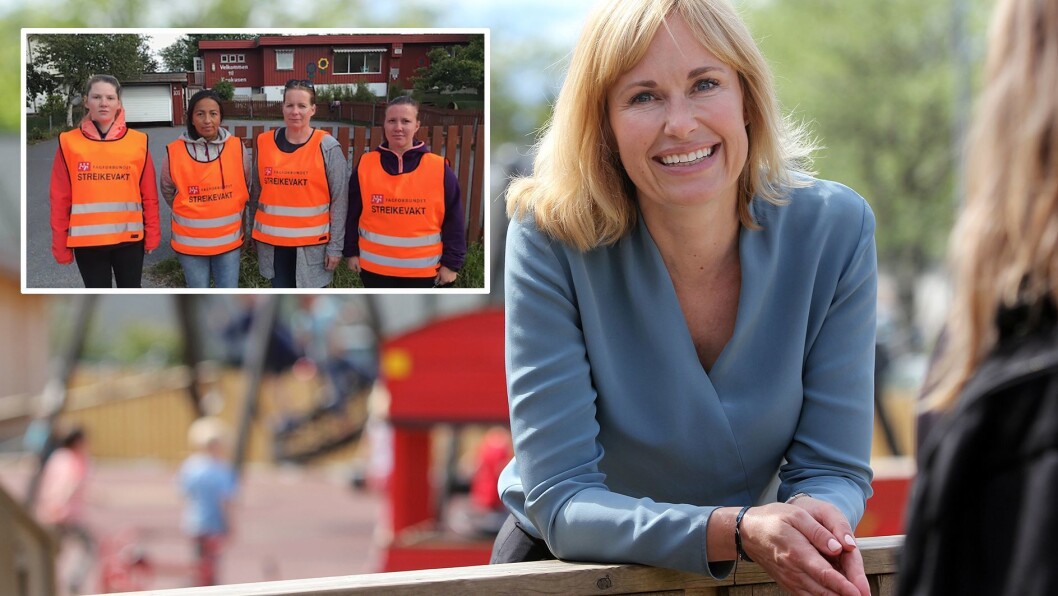 PBL-direktør Anne Lindboe mener det er viktig for renommeet til sektoren at de ansatte i barnehagene har gode lønns- og arbeidsvilkår. Hun støtter de streikende i Krokusen barnehage i Sandefjord. Foto: Mariell Tverrå Løkås og Fagforbundet PBL-direktør Anne Lindboe mener det er viktig for renommeet til sektoren at de ansatte i barnehagene har gode lønns- og arbeidsvilkår. Hun støtter de streikende i Krokusen barnehage i Sandefjord. Foto: Mariell Tverrå Løkås og Fagforbundet