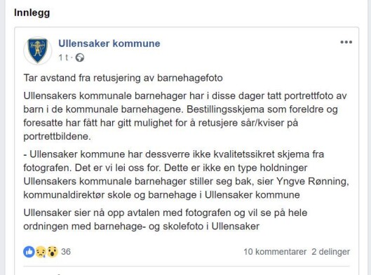 Ullensaker kommune la onsdag formiddag denne meldingen ut på Facebook. Ullensaker kommune la onsdag formiddag denne meldingen ut på Facebook.