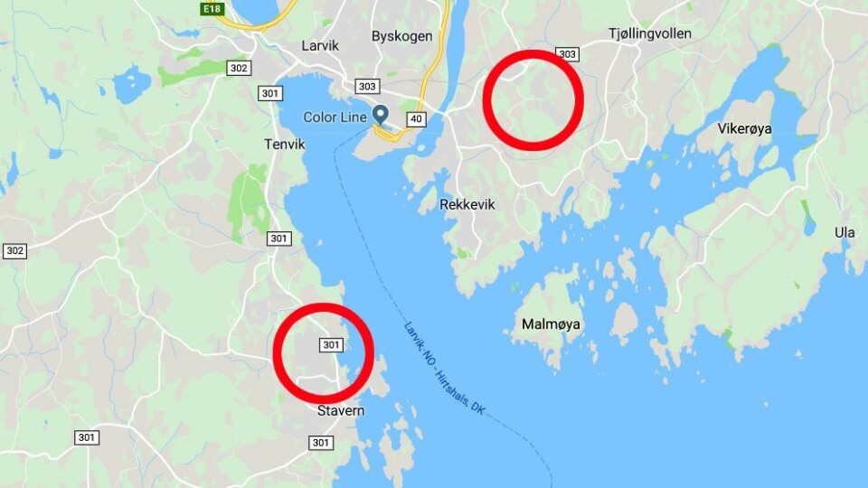 Varden barnehage ligger ved Stavern, mens Valby barnehehage ligger øst for sentrum av Larvik. Nå vurderer Larvik kommune om de to små barnehagene skal ha livets rett. Kart: Googlemaps