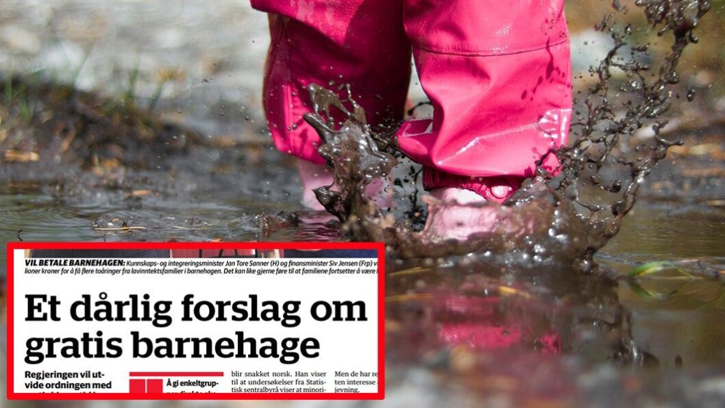 Bergensavisen (BA) mener gratis kjernetid i barnehage ikke er noe godt virkemiddel for å få flere fra lavinntektsfamilier ut i jobb. Bergensavisen (BA) mener gratis kjernetid i barnehage ikke er noe godt virkemiddel for å få flere fra lavinntektsfamilier ut i jobb.