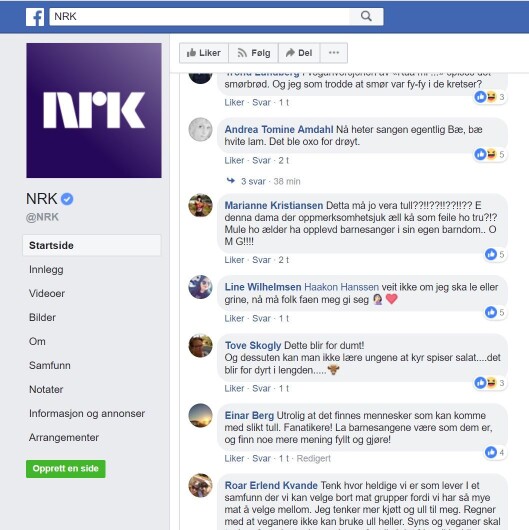 Mange har ytret seg svært kritisk til at veganere reagerer på innholdet i sanger som synges i norske barnehager. Mange har ytret seg svært kritisk til at veganere reagerer på innholdet i sanger som synges i norske barnehager.