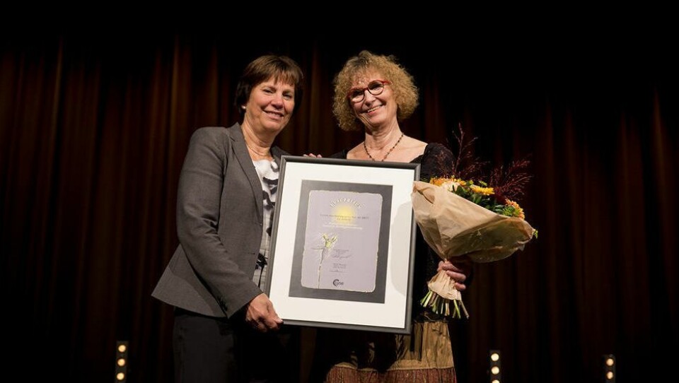 Professor Eva Johansson (t.h) mottok prisen av konserndirektør Grethe Høiland i Lyse. Foto: Mari Løvås, UiS