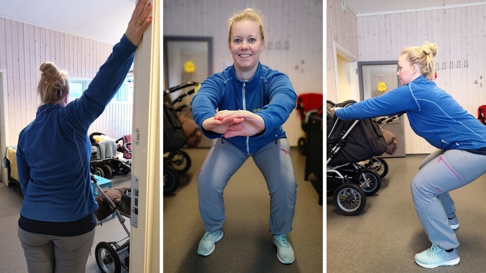 Det er mange øvelser som kan gjennomføres samtidig som man har tilsyn med de sovende barna. Slik foregår en vognvakt i Læringsverkstedet Løvåsen idretts- og friluftsbarnehage.