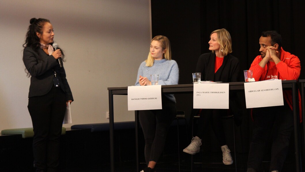 Mandag inviterte OsloMet, Utdanningsforbundet Oslo, Pedagogstudentene og OMEP Norge til debatt om barnehagepolitikk. Her debatterer Høyre, SV og Ap temaet norsk før skolestart. Fra venstre: debattleder Marcela Monserrat Bustos, Mathilde Tybring-Gjedde (H), Inga Marte Thorkildsen (SV) og Abdullah Alsabeehg (Ap). Mandag inviterte OsloMet, Utdanningsforbundet Oslo, Pedagogstudentene og OMEP Norge til debatt om barnehagepolitikk. Her debatterer Høyre, SV og Ap temaet norsk før skolestart. Fra venstre: debattleder Marcela Monserrat Bustos, Mathilde Tybring-Gjedde (H), Inga Marte Thorkildsen (SV) og Abdullah Alsabeehg (Ap).