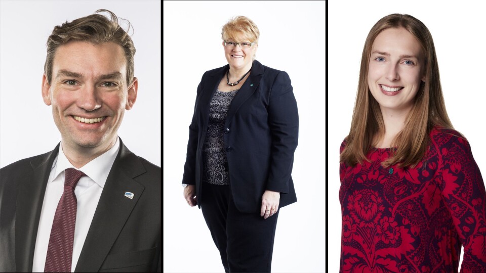 Fra venstre Henrik Asheim (H), Trine Skei Grande (V) og Iselin Nybø (H) blir utpekt som mulige kandidater til å ta over kunnskapsministerposten - hvis Jan Tore Sanner går over til Finansdepartementet.