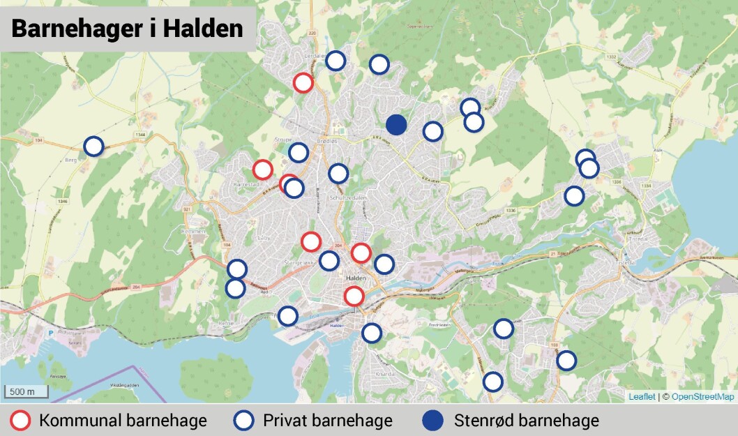 Det er 28 private og seks kommunale barnehager i Halden. I området der familien Dyrnes bor, er det flest private - og Stenrød barnehage er den nærmeste. Det er 28 private og seks kommunale barnehager i Halden. I området der familien Dyrnes bor, er det flest private - og Stenrød barnehage er den nærmeste.