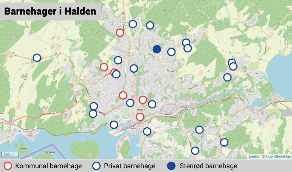 Det er 28 private og seks kommunale barnehager i Halden. I området der familien Dyrnes bor, er det flest private - og Stenrød barnehage er den nærmeste.