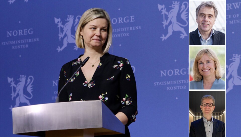 Helge Eide i KS (øverst), PBL-sjef Anne Lindboe og FUB-leder Einar Olav Larsen, ønsker alle Guri Melby velkommen som ny kunnskapsminister.