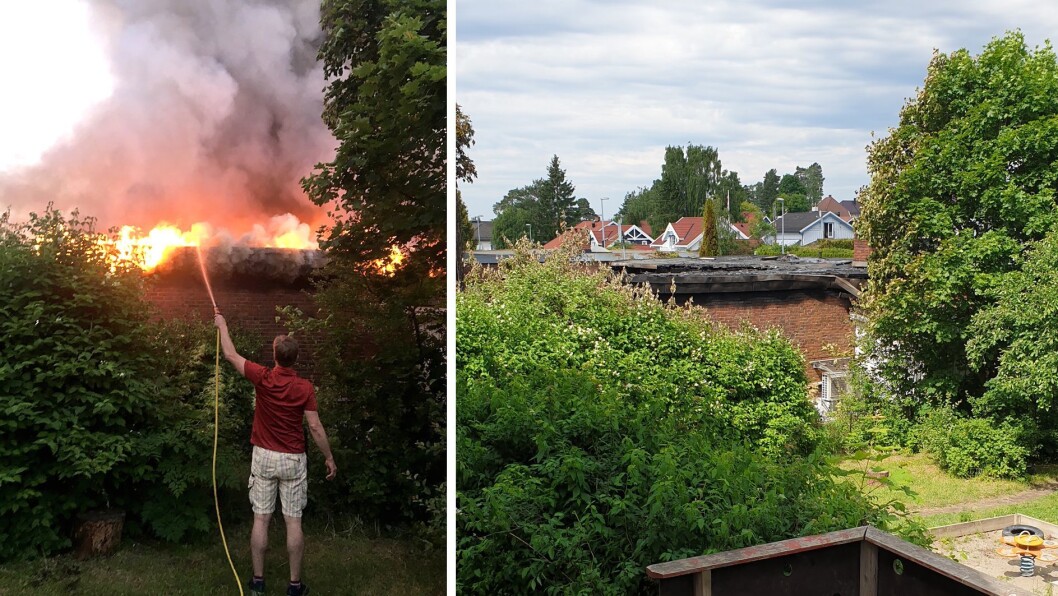 Til venstre står Arne Torgersen med vannslangen og pøser på med vann på huset og på hekken og treet ved siden av den dramatiske kvelden. Bildet til høyre er tatt fra inngangsdøren til barnehagen, og viser hvor nært brannen var. Til venstre står Arne Torgersen med vannslangen og pøser på med vann på huset og på hekken og treet ved siden av den dramatiske kvelden. Bildet til høyre er tatt fra inngangsdøren til barnehagen, og viser hvor nært brannen var.
