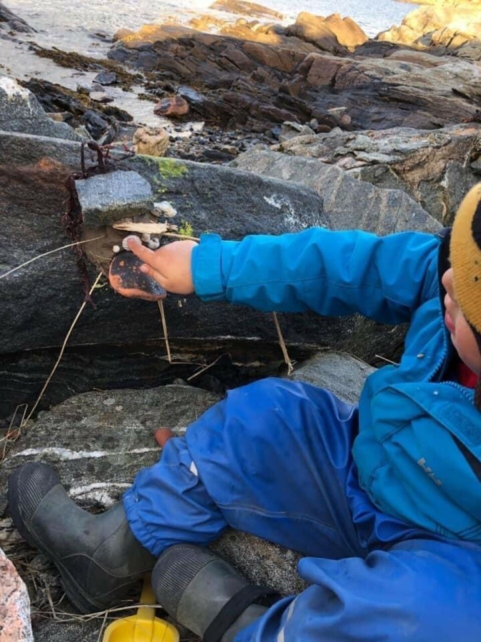 På tur har barna laget drauger i fjæra.