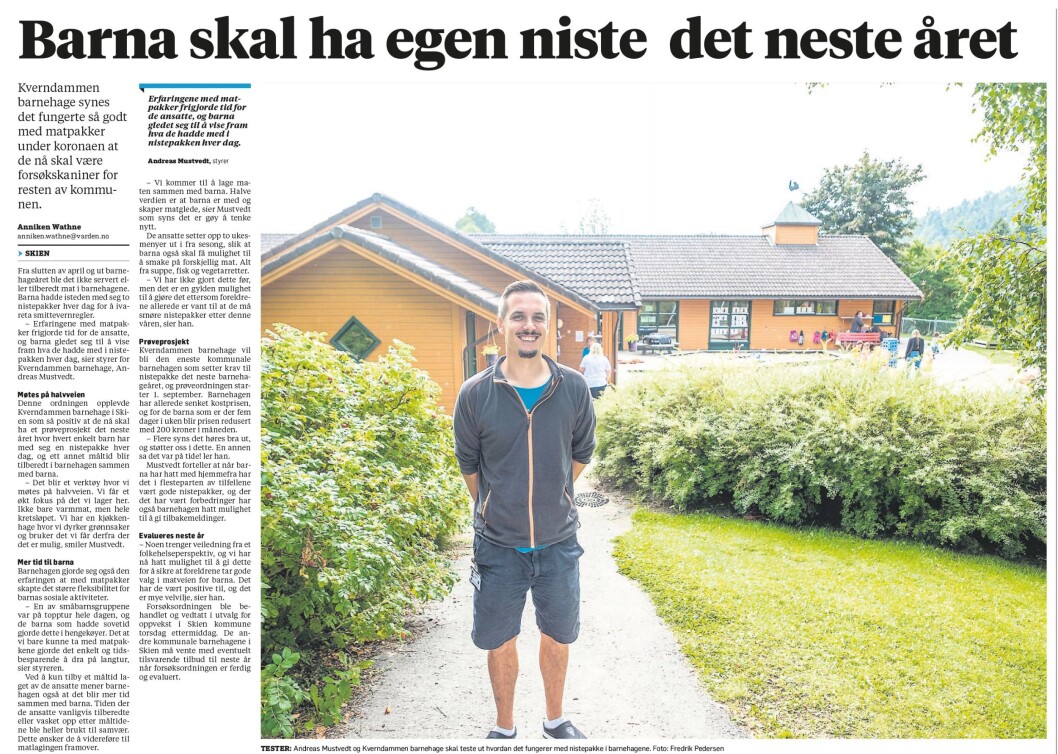 <span class=" italic" data-lab-italic_desktop="italic">- Det er tydelig at mat i barnehagen engasjerer, sier styrer Andreas Mustvedt i Kverndammen barnehage i Skien. Blant annet hadde avisa Varden et stort oppslag om barnehagen, som tar med seg matpakken også videre.</span> <span class=" italic" data-lab-italic_desktop="italic">- Det er tydelig at mat i barnehagen engasjerer, sier styrer Andreas Mustvedt i Kverndammen barnehage i Skien. Blant annet hadde avisa Varden et stort oppslag om barnehagen, som tar med seg matpakken også videre.</span>