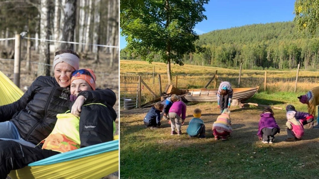 - Vi driver nå en barnehage uten stress og mas. Uten overganger som skaper uro. Jeg må klype meg i armen, for det er nesten ikke til å tro at vi får til, sier styrer Stine Kolstad i Nordby gardsbarnehage, som sitter i hengekøya sammen med Hege Halvorsen. Til høyre starter voksne og barn dagen med morgenyoga. - Vi driver nå en barnehage uten stress og mas. Uten overganger som skaper uro. Jeg må klype meg i armen, for det er nesten ikke til å tro at vi får til, sier styrer Stine Kolstad i Nordby gardsbarnehage, som sitter i hengekøya sammen med Hege Halvorsen. Til høyre starter voksne og barn dagen med morgenyoga.