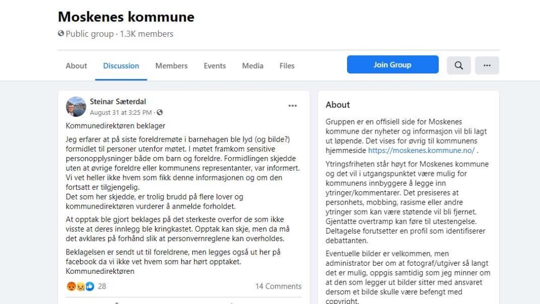 Kommunedirektør Steinar Sæterdal la ut en beklagelse på kommunens Facebook-sider etter foreldremøtet. Kommunedirektør Steinar Sæterdal la ut en beklagelse på kommunens Facebook-sider etter foreldremøtet.