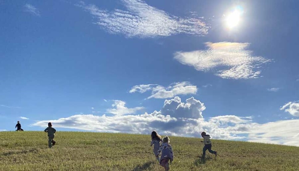 Kidsa i Marihøna gårds- og friluftsbarnehage i det fri.