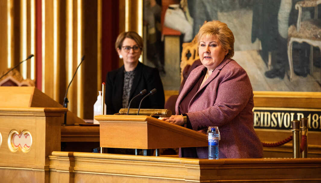 Statsminister Erna Solberg (H) redegjør for Stortinget om koronapandemien. Statsminister Erna Solberg (H) redegjør for Stortinget om koronapandemien.