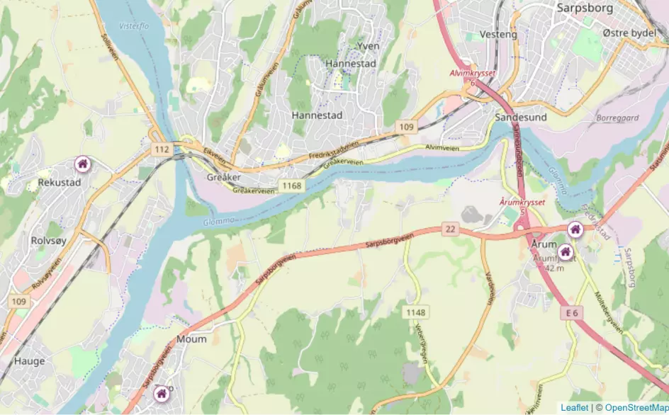 Oversiktskart over de ulike avdelingene til Trollklubben barnehage i Fredrikstad. Det er flere kilometer mellom Rolvsøy og Årum.