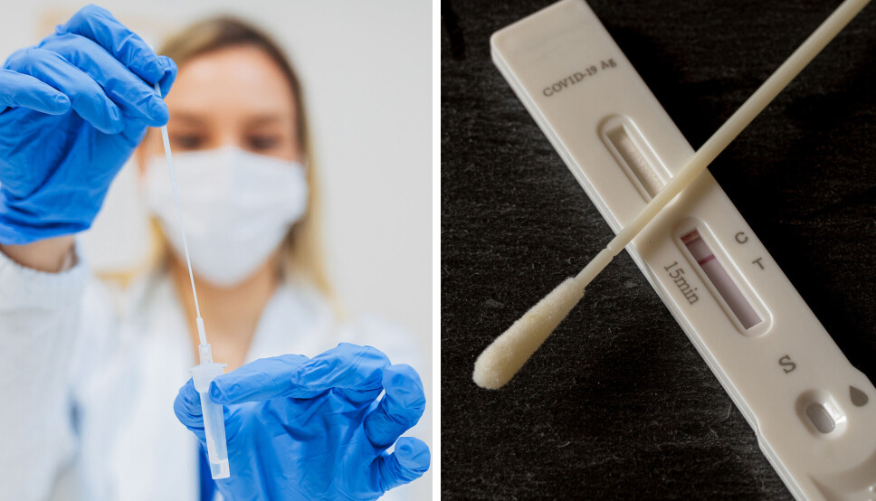 Illustrasjonsfoto av helsepersonell med PCR-test og av en antigen hurtigtest.