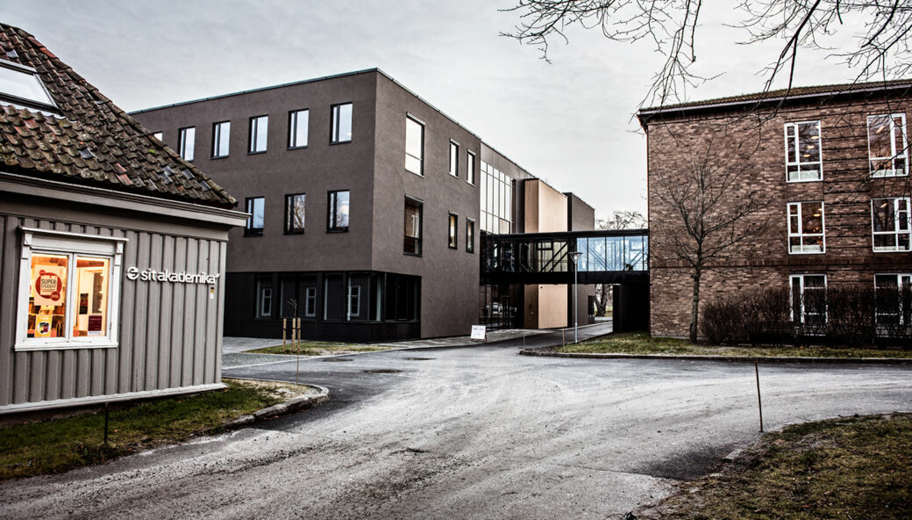 Etter at DMMH flyttet til Campus Dalen i 1976 har det kommet flere bygg til. Bildet viser Mellomgården og Astrid Vatnes hus. Sistnevnte stod ferdig i oktober 2014 og rommer de estetiske fagene.