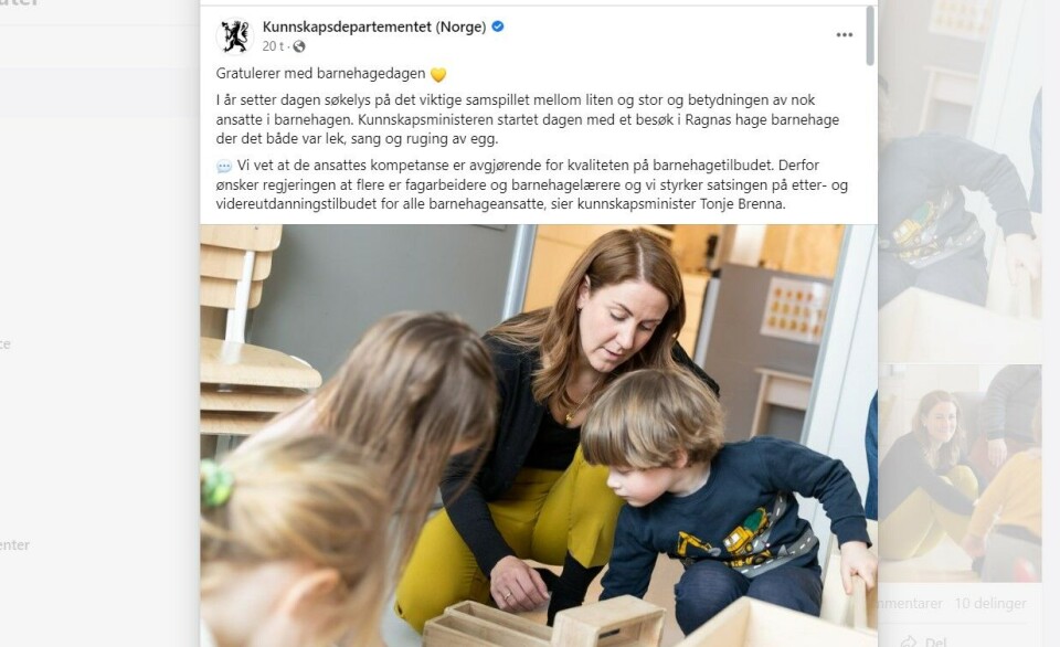 Kunnskapsdepartementet og statsråd Tonje Brenna (Ap) fikk kritikk fra en rekke barnehageansatte etter at hun gratulerte med barnehagedagen. Kunnskapsdepartementet og statsråd Tonje Brenna (Ap) fikk kritikk fra en rekke barnehageansatte etter at hun gratulerte med Barnehagedagen.
