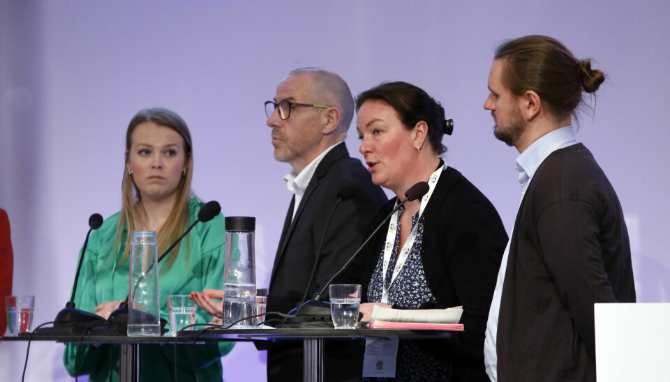 Politisk debatt under PBLs landsmøte 2023.Maren Grøthe (Sp), Tom Staahle (Frp), Hege Bae Nyholt (Rødt) og Freddy A. Øvstegård (SV).