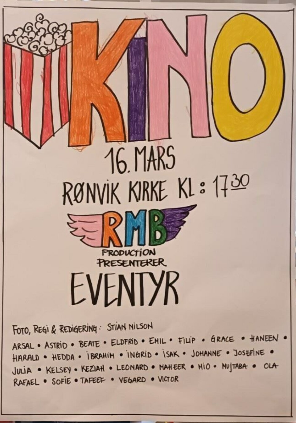 Også kinoplakaten ble det lagt masse flid i. Filmprosjekt om eventyr i Rønvik menighetsbarnehage.