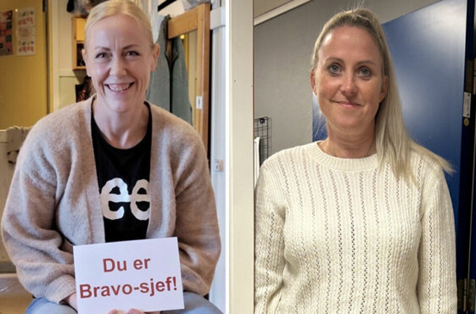 Silje Nordhus (til venstre) ble kåret til høstens Bravo-sjef. Hun får mange gode ord fra styrer Tina Lillebotn i Espira Østrem barnehage.