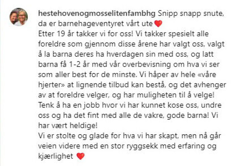 Den siste meldingen fra Hestehoven og Mosseliten familiebarnehage.