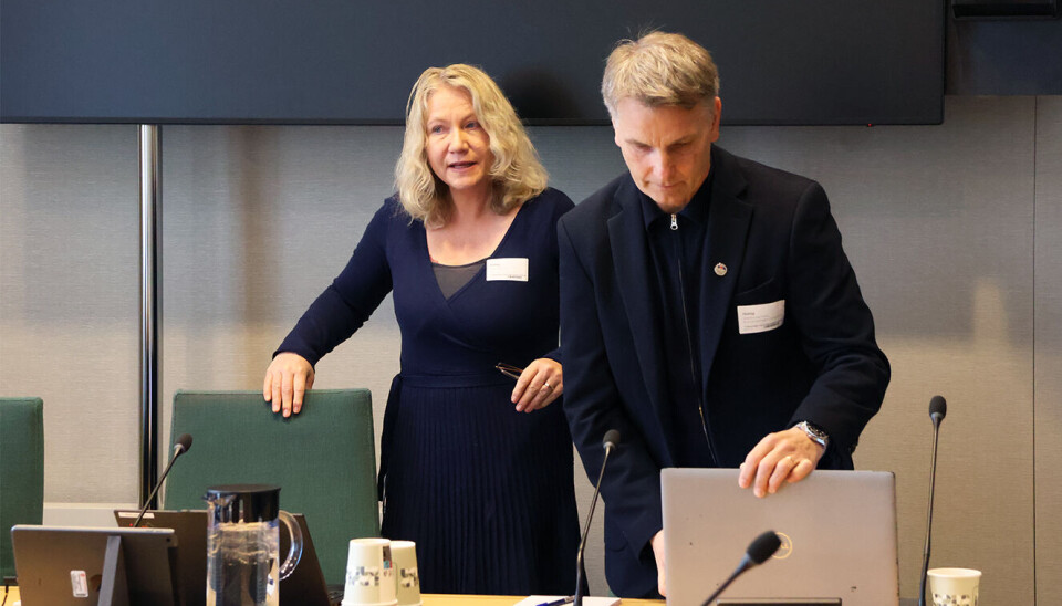 Kristin Holm Jensen i KS og Jørn-Tommy Schjelderup i PBL, gjør seg klare for muntlig høring på Stortinget.