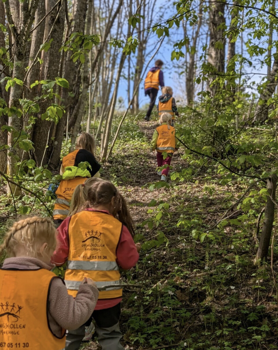 Barnehagen er ofte på tur. – Vi ønsker å la barna oppleve naturen både til læring, undring og utfordring, sier Broberg. Varingskollen barnehage, Nittedal. Tur i skogen.