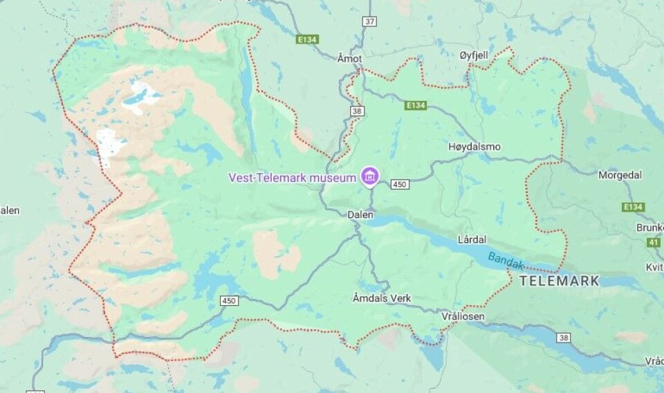 Kart over Tokke kommune i Vest-Telemark.